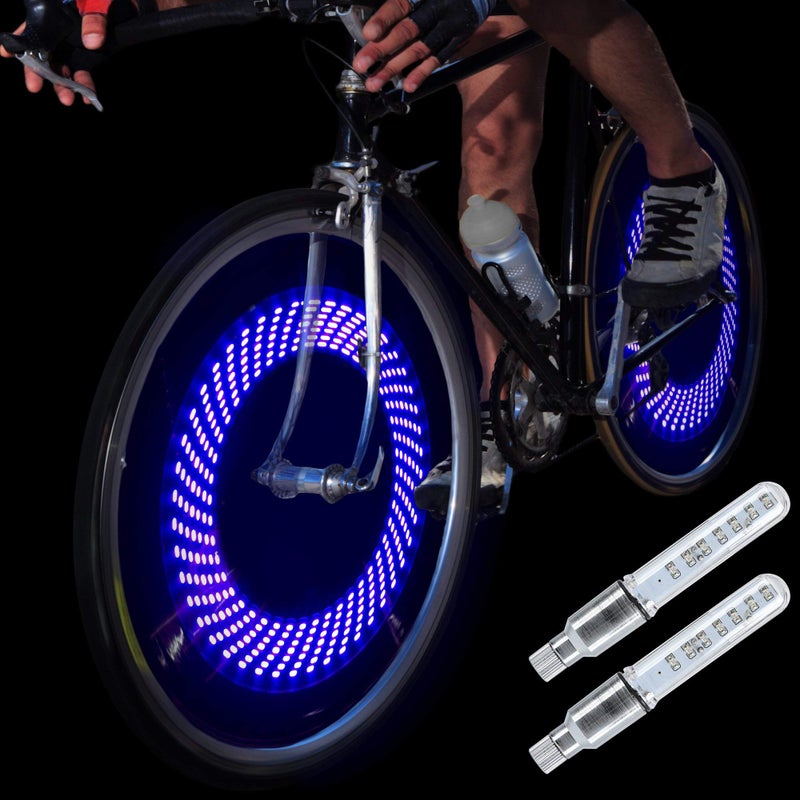 DAWAY A08 Bike Tire Valve Stem Lights - Cool Led Bicycle Wheel Light, 2 Pack, Waterproof, Glow in The Dark Safe Bycicle Accessories for Men Women Youth, Super Bright, Blue Graphics - Image 1
